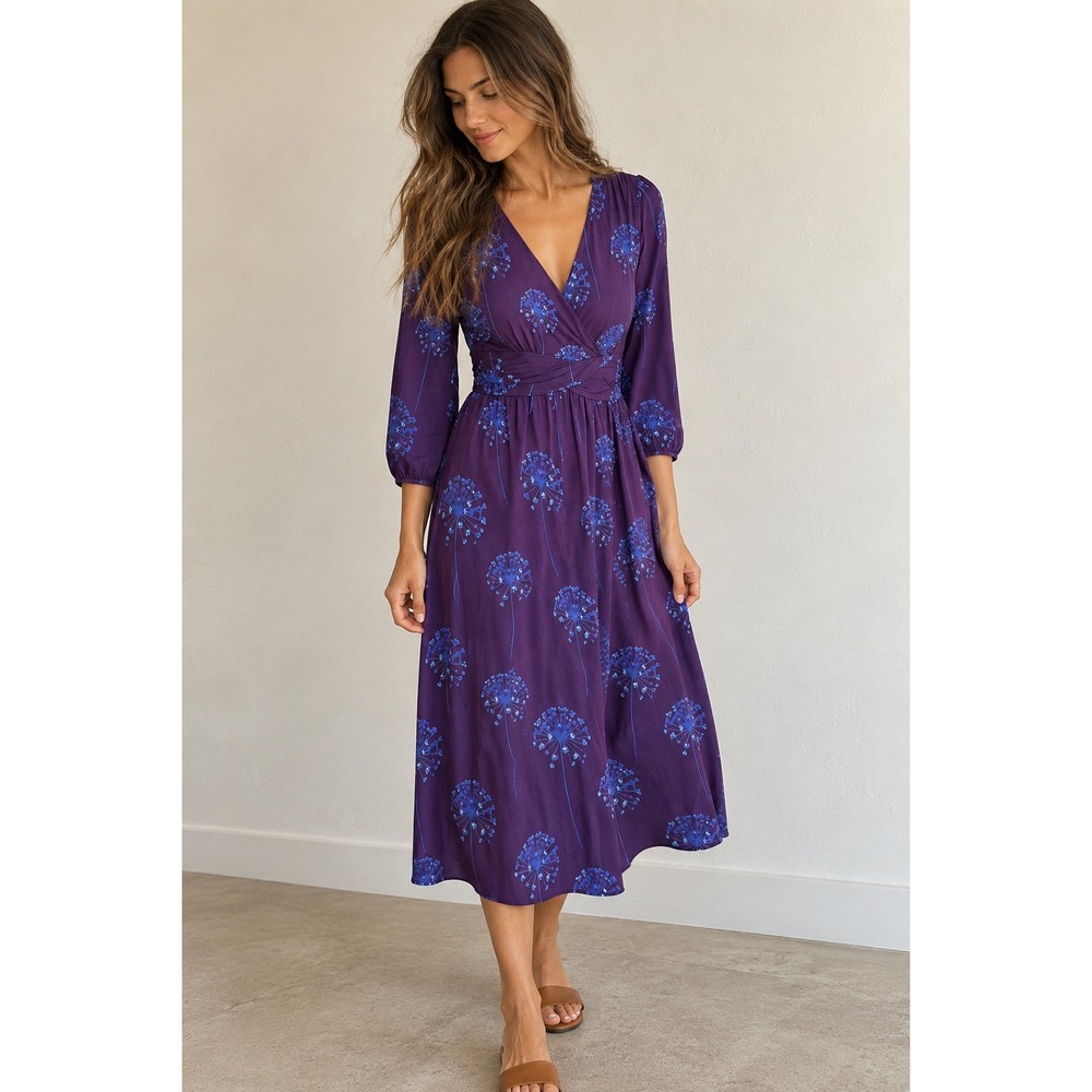 BODEN | Faux Wrap Dress Womens 6R Purple Blue Dandelion Floral Midi WH529